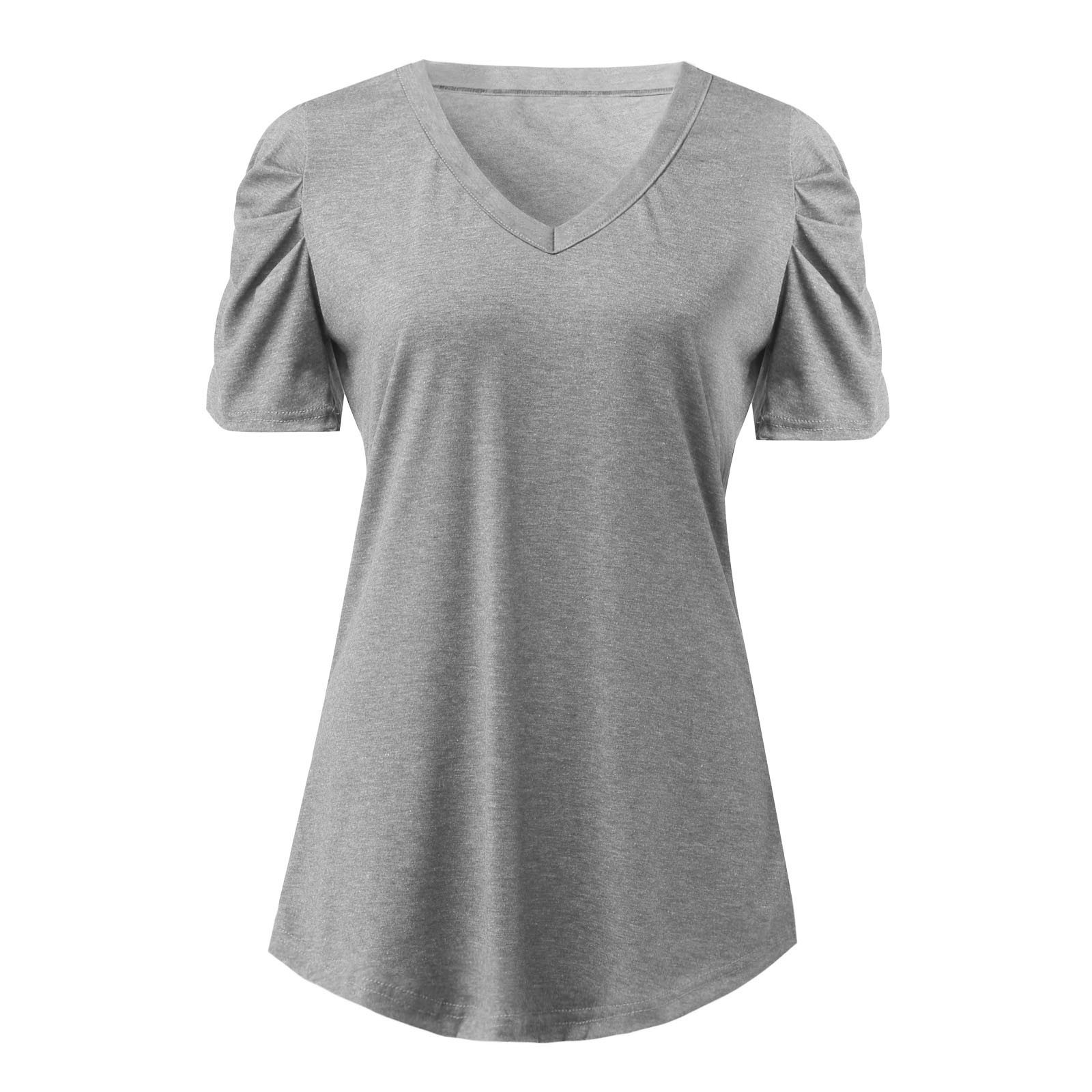 thumbnail image 5 of Top de manga corta con cuello en V para mujer - Color liso, corte holgado, poliéster - Camisa informal y elegante para el día a día y actividades al aire libre, fácil de combinar con leggings, 5 of 5